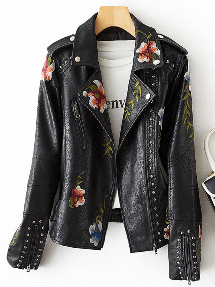 FTLZZ Retro Floral Print Leather Jacket