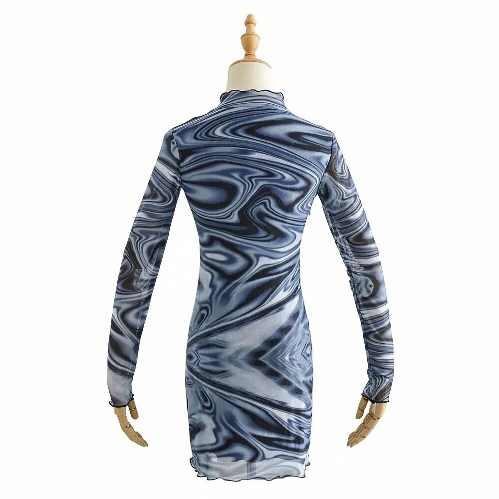 Womens bazaleas Slim Blue Wave Pattern Vestidos Dresses