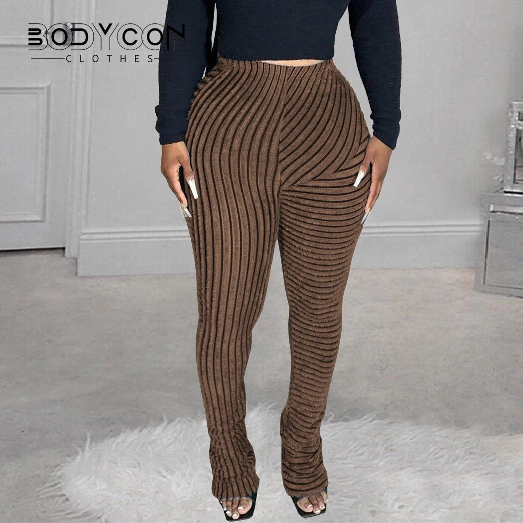 Women's Bodycon Striped Fluffy Stacked Pants High Waist Trend