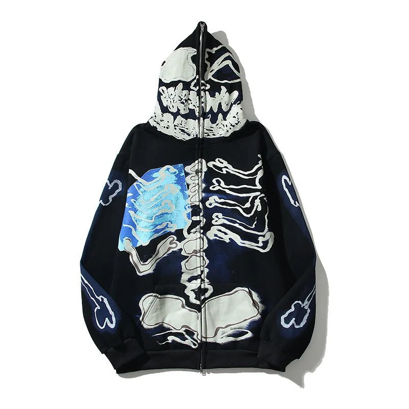 Mens Cactus Jack Frament Skull Print Zipper Retro Oversized Sweatsirts