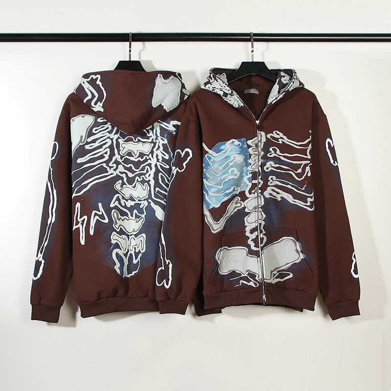 Mens Cactus Jack Frament Skull Print Zipper Retro Oversized Sweatsirts