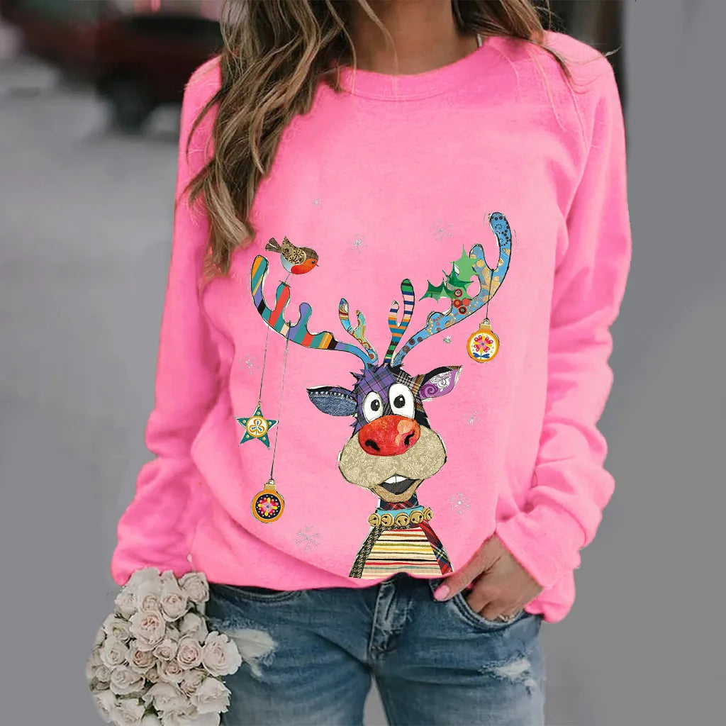 Womens Christmas Sweater O-neck  Loose Long Sleeve Print Sweater