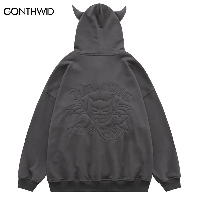 Mens Hip Hop Devil Horns Harajuku Embroidery Letter Zipper Hooded Jackets