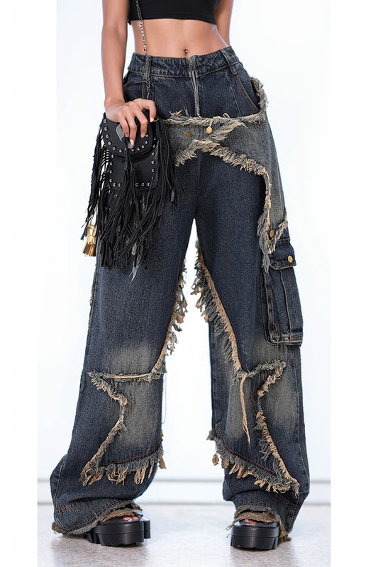 Womens Cuwu American-Style Burr Straight Niche Wide-Leg Jeans