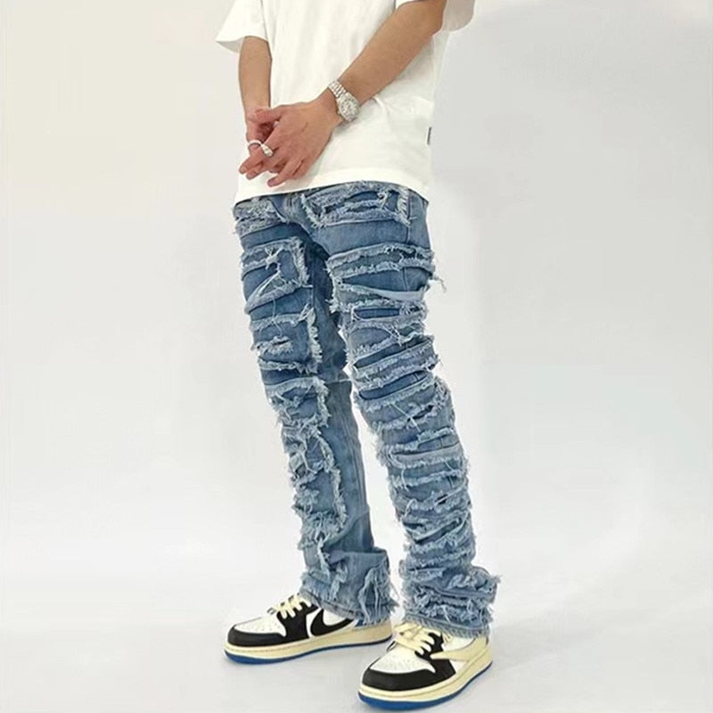 Men Kanye Y2K Streetwear Baggy Ripped Stacked Jeans