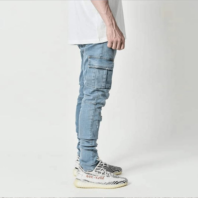 Men Wash Solid Color Mid Waist Cargo Jeans