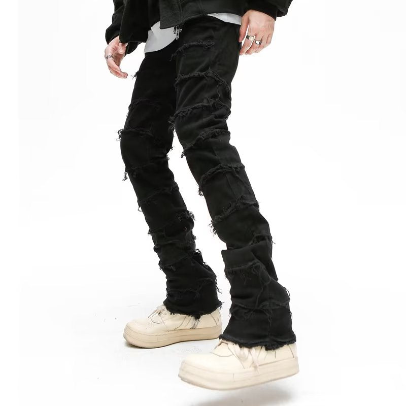 Men Dark Streetwear Black Baggy Grunge Stacked Jeans