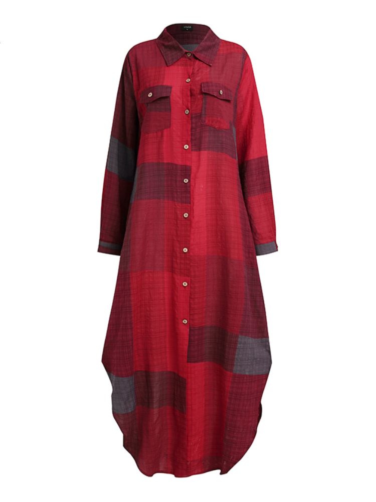 Womens Long Sleeve Dress Checked Plaid Robe Maxi Beach Dress