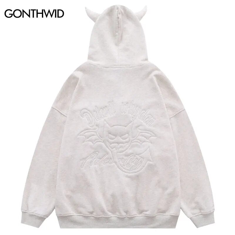 Mens Hip Hop Devil Horns Harajuku Embroidery Letter Zipper Hooded Jackets