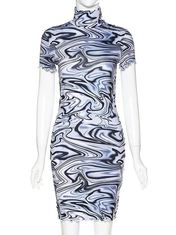 Womens Y2K Printed Mesh Sheer Mini Dress