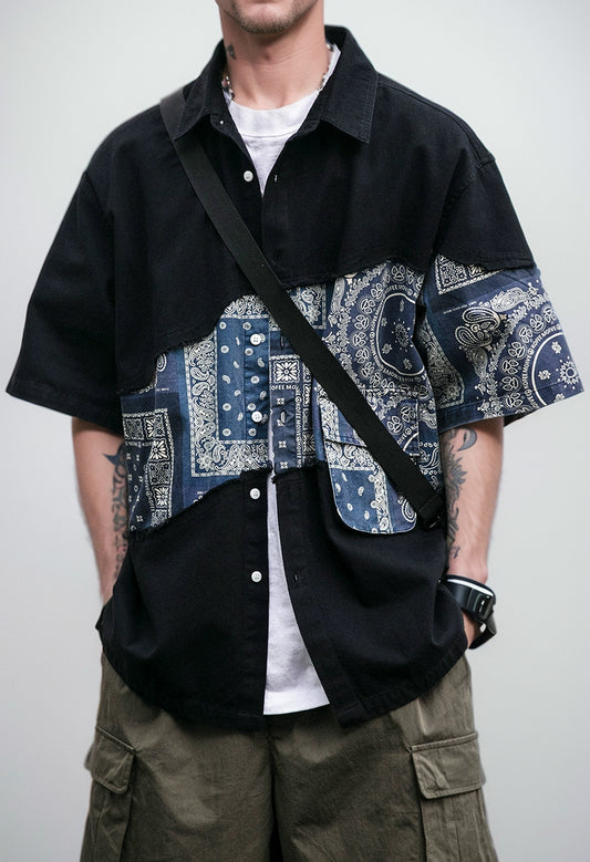 Mens Trendy Chinese Style Paisley Panel Workwear Short Sleeve Shirt