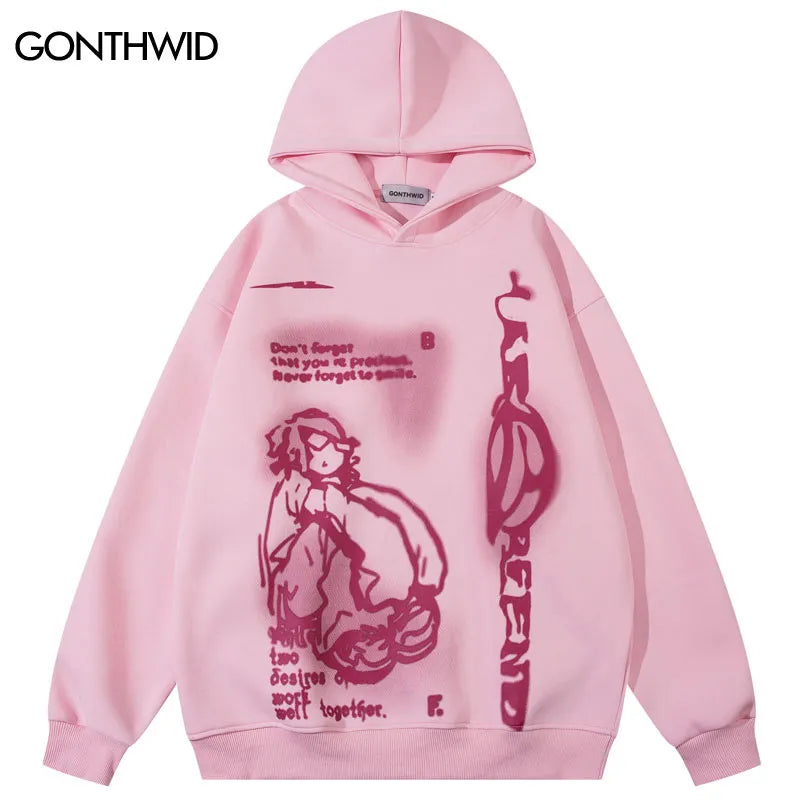 Mens Harajuku Hip Hop Cartoon Boy Graphic Print Hooded Sweatshirt