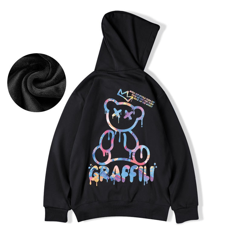 Graffiti Bear Print Men's Fleece Hoodie