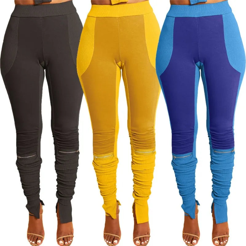 Womens Color Patchwork Women Skinny Pencil Pants High Waist Zipper Slit Stacked Pants