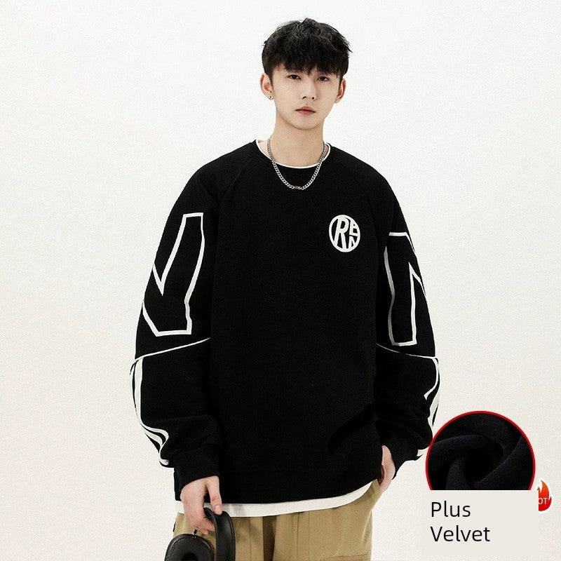 Mens Maityou Sweater Men's 2023 New Spring and Autumn Fashion Brand American round Neck Heavy Fleece-lined Youth Student Top