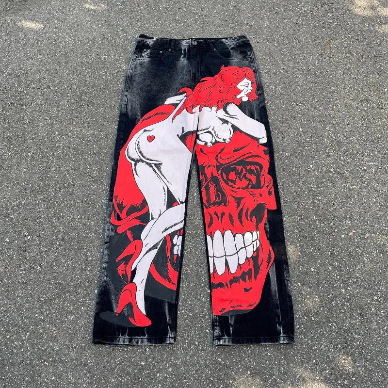 Mens Y2K Baggy 2000s Streetwear Vintage printing Oversized Jeans