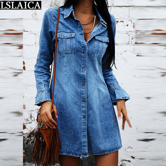 Womens Long Sleeve Solid Color Turn-down Collar Denim Vintage Dress