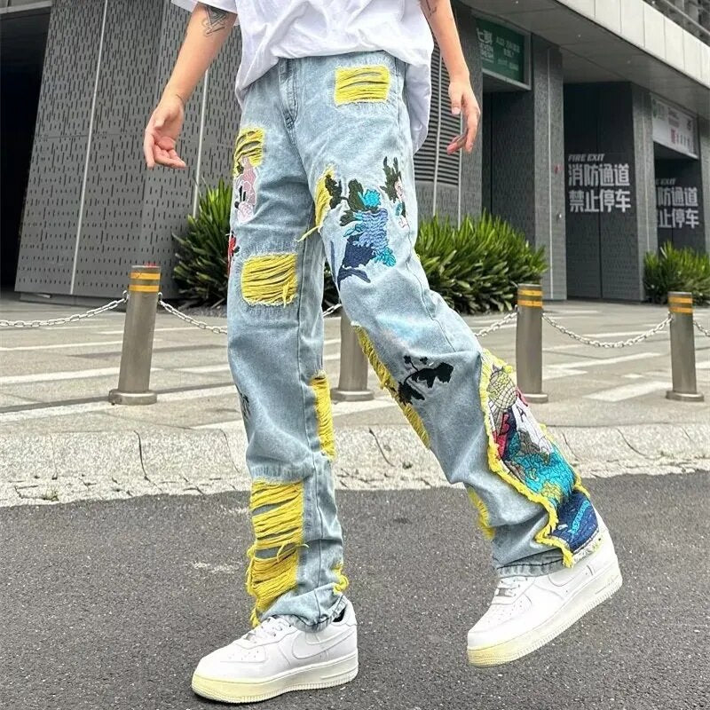 Men  Ropa Grunge Y2K Streetwear Baggy Stacked Ripped Jeans