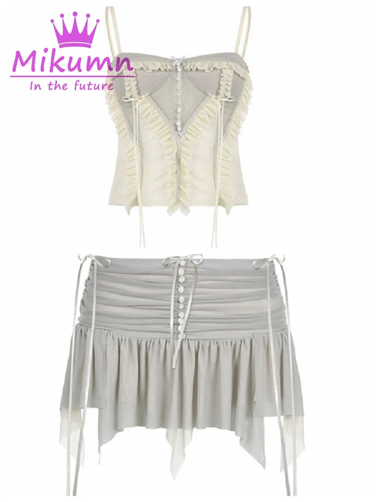 Womens Aesthetic Fairy Grunge Mesh Irregular Short Skirt Set