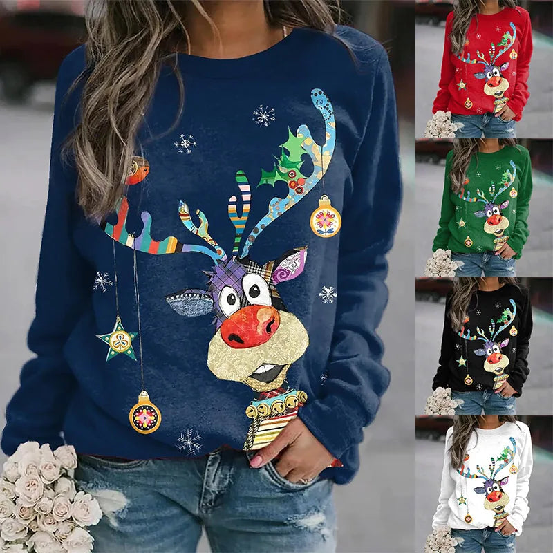 Womens Christmas Sweater O-neck  Loose Long Sleeve Print Sweater