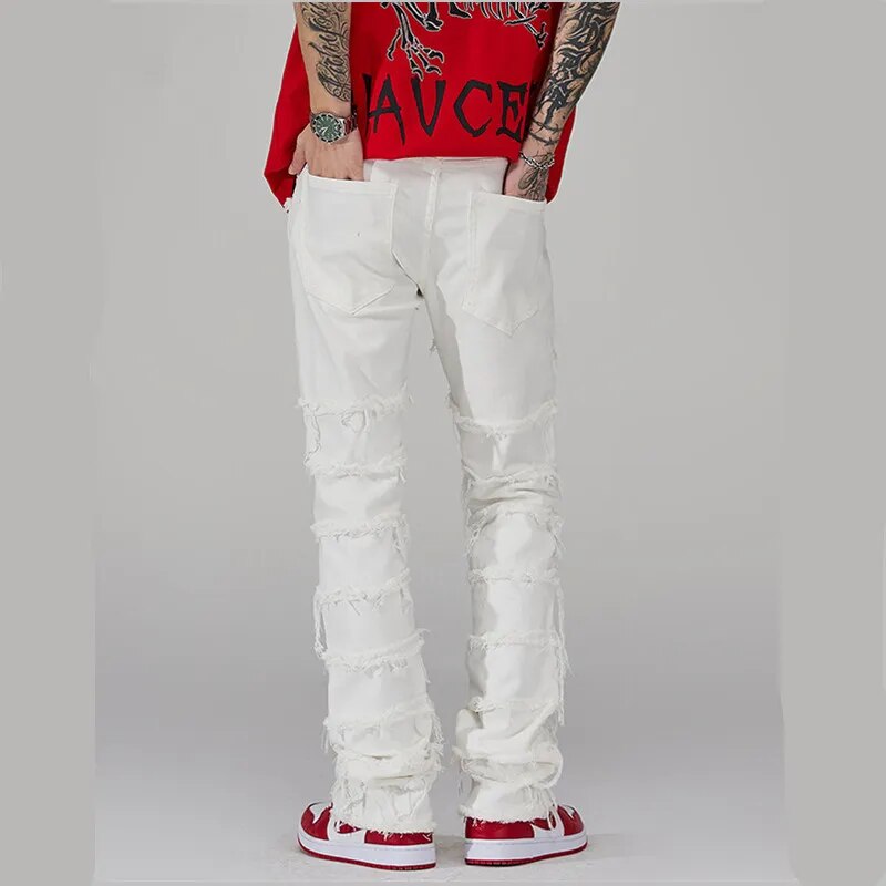 Mens Punk Stacked White Straight Y2K Grunge Jeans