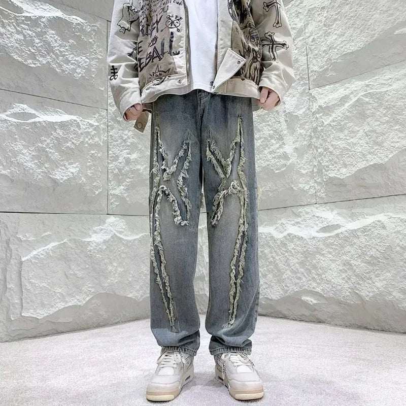 Men Y2K Streetwear Cross Patchwork Baggy Stacked Jeans