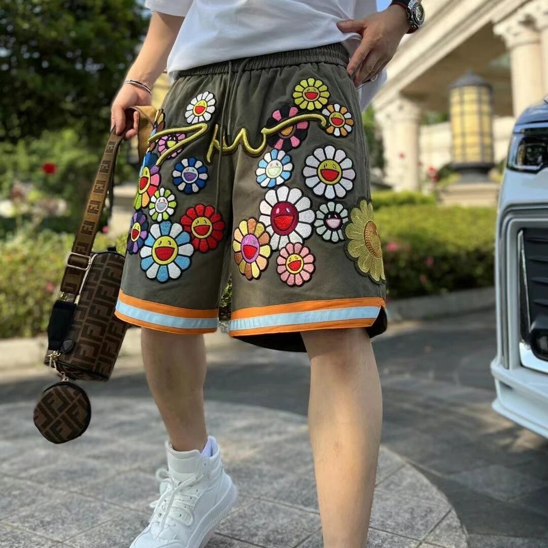 Mens Casual Sunflower Embroidered Elastic Waist Shorts