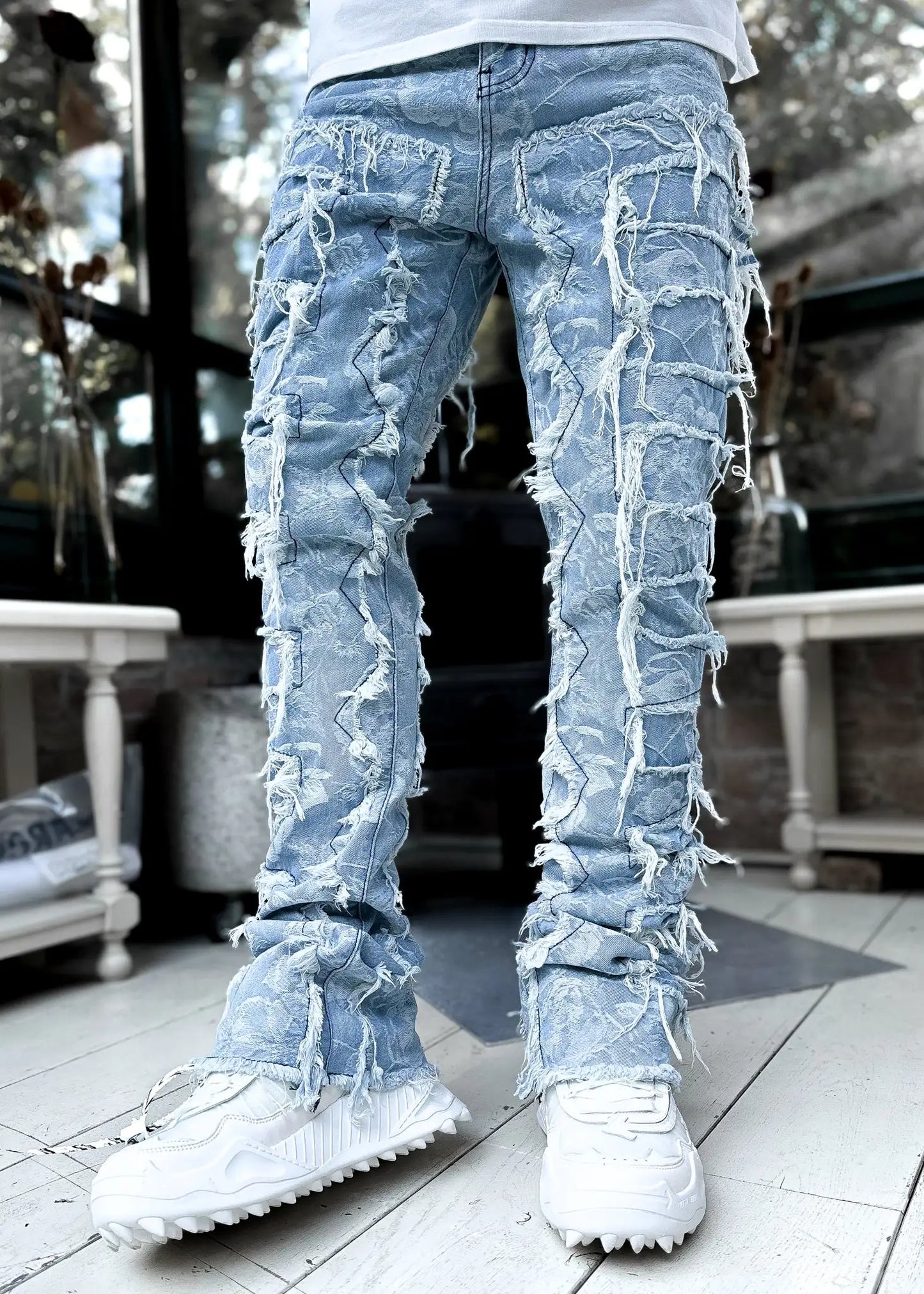 Men's Slim Fit Ripped Jeans Camouflage Demin Stacked Jeans