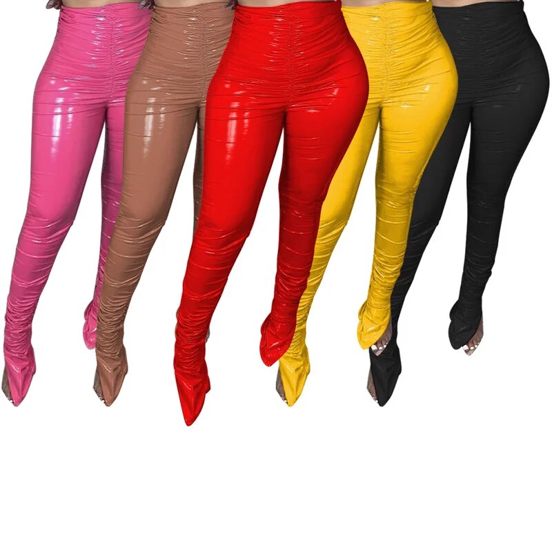 Women's Black Faux PU Leather Stacked Pants Leggings