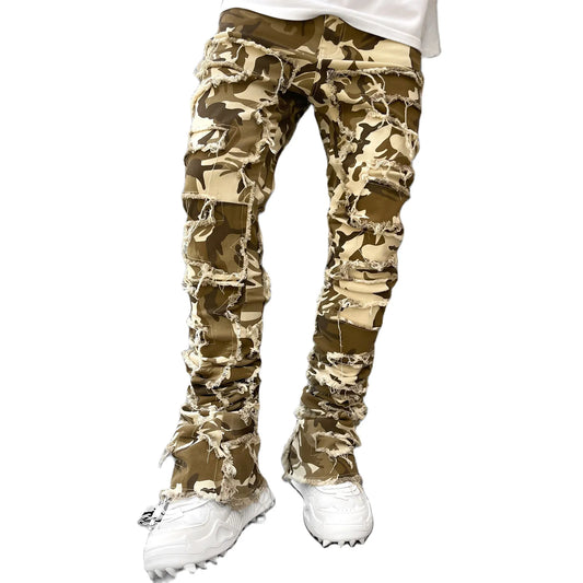 Men's Slim Fit Ripped Jeans Camouflage Demin Stacked Jeans