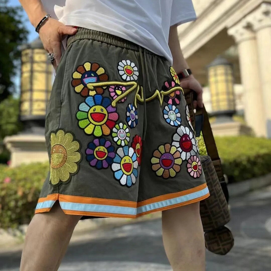 Mens Casual Sunflower Embroidered Elastic Waist Shorts