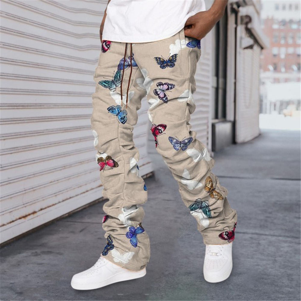 Unisex Khaki Cargo Pants Butterfly Print