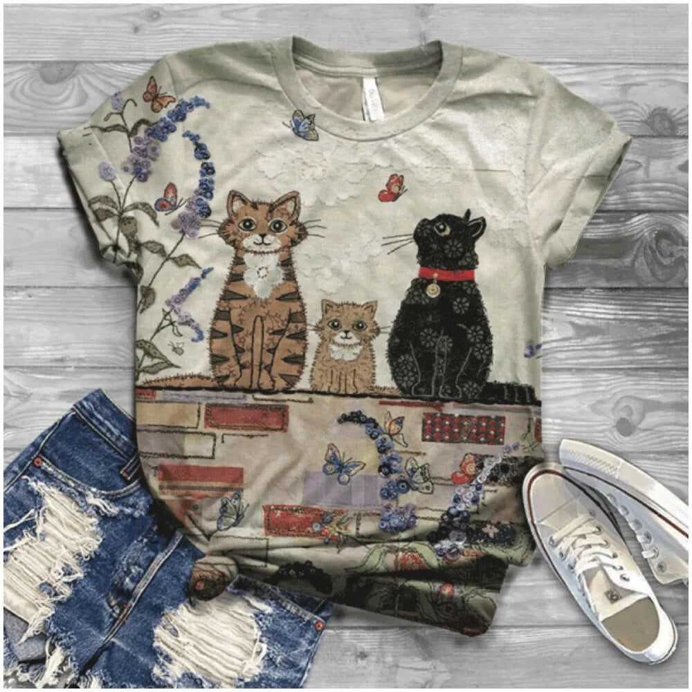 Womens Vintage Cartoon Kitten Harajuku Tee