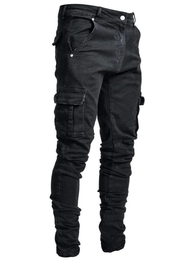 Men Wash Solid Color Mid Waist Cargo Jeans