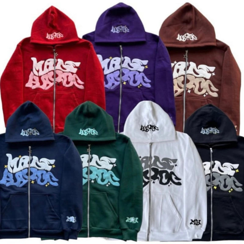 Mens Y2KH Zip Up Letter Graphic Oversized Hoodie