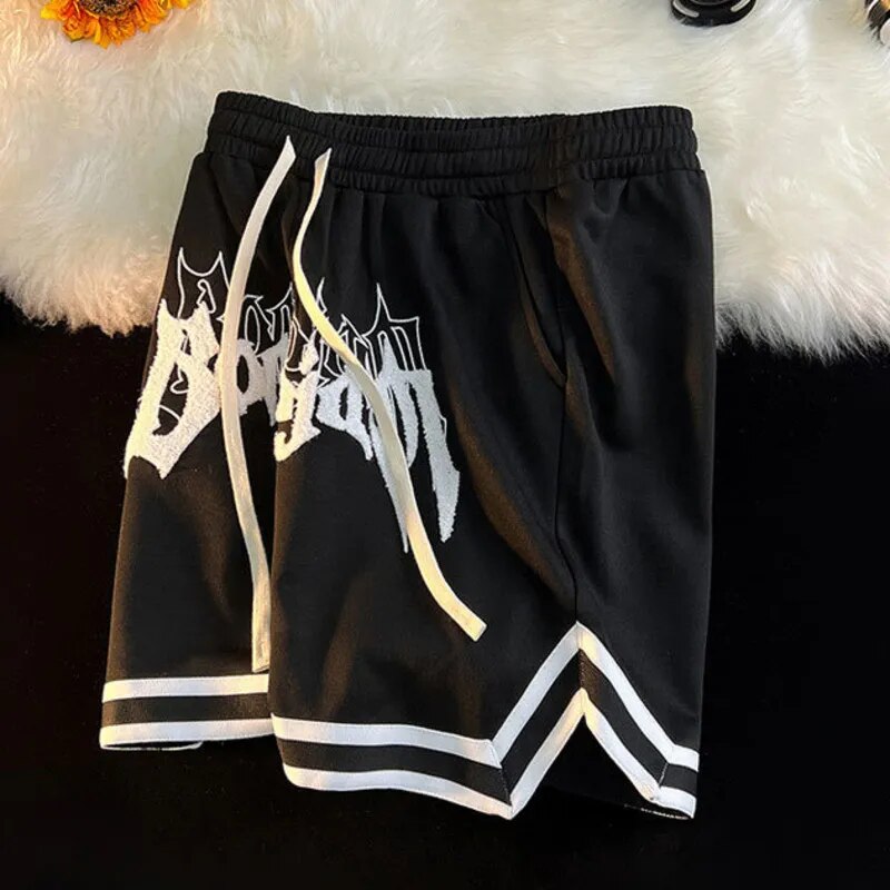 Mens Harajuku Letter Embroid Summer Loose Elastic Waist Gym Basketball Shorts