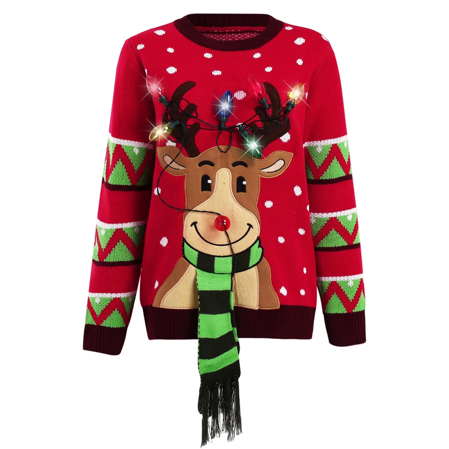 Womens LED Light Up Christmas Cartoon Reindeer Knit Ugly Sweater