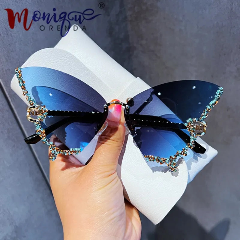 Womens Luxury Diamond Butterfly Sunglasses y2k Vintage Rimless Oversized Sun Glasses