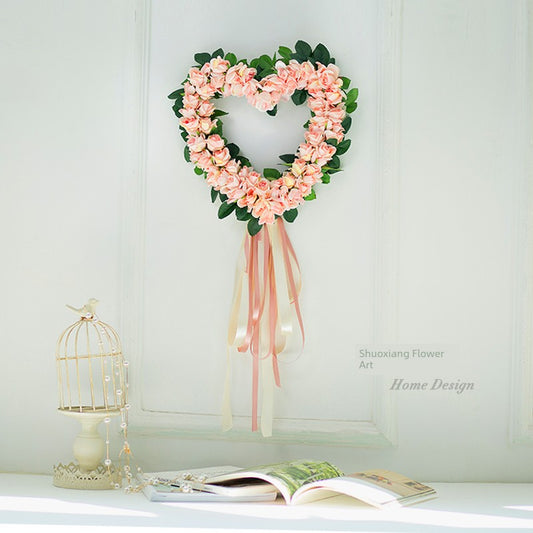 Rose Heart-Shaped Garland Artificial Flower Lintel Fake Flower Door Decoration Hanging Decoration Wedding Room Home Wedding Bedroom Door Ornamental Flower