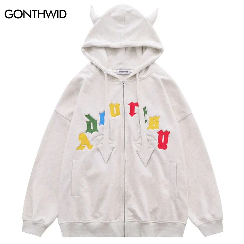 Mens Hip Hop Devil Horns Harajuku Embroidery Letter Zipper Hooded Jackets