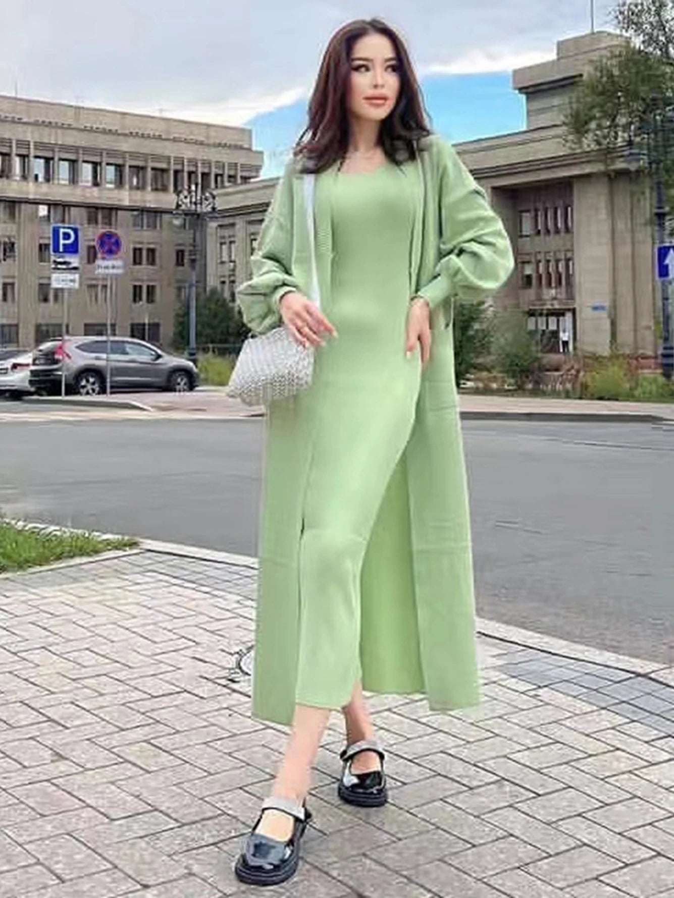 Womens High Quality  Solid Color Knitted Set