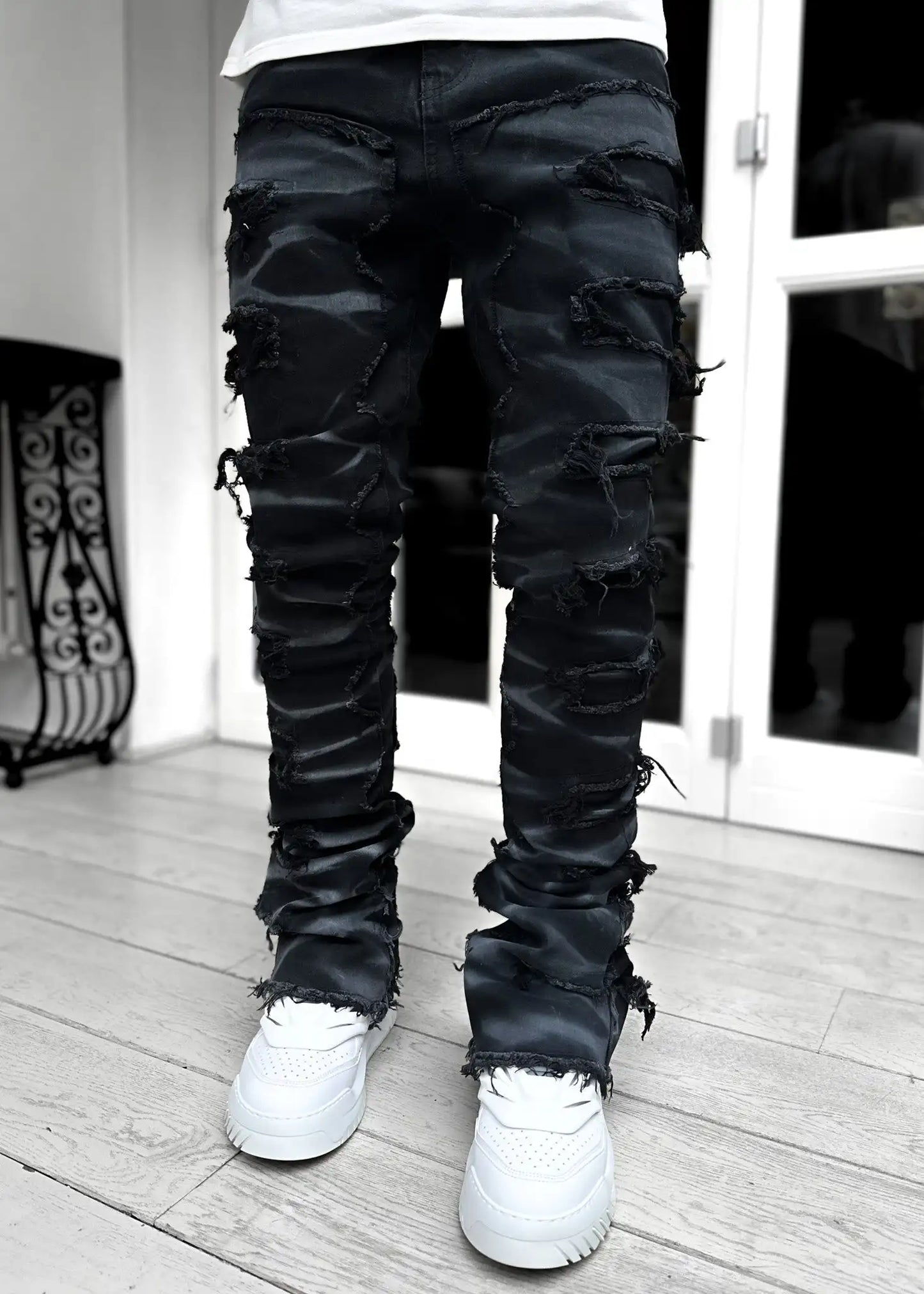 Men's Slim Fit Ripped Jeans Camouflage Demin Stacked Jeans