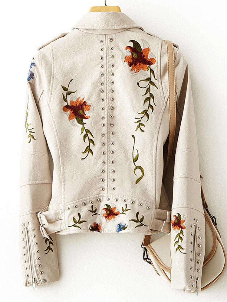 FTLZZ Retro Floral Print Leather Jacket