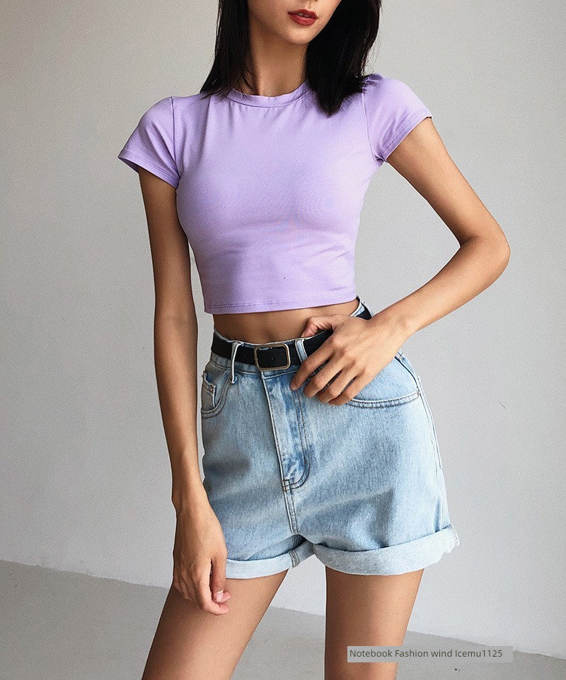 Womens Basic Style Slim Fit Midriff-Baring Solid Color Top T-shirt