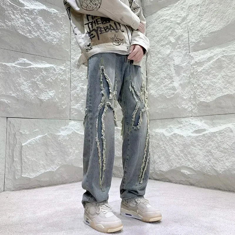 Men Y2K Streetwear Cross Patchwork Baggy Stacked Jeans