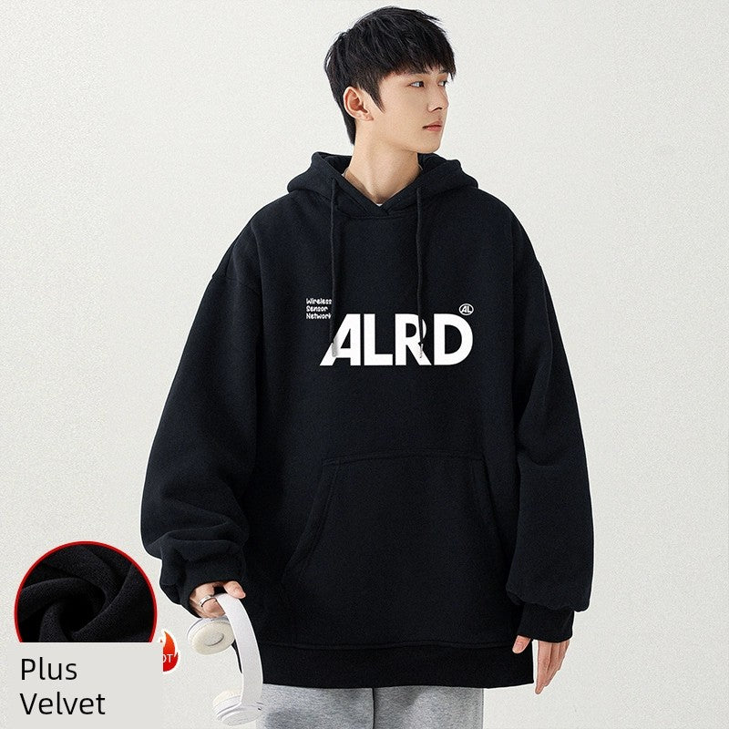 Mens Velvet Padded Hooded Sweatshirt New American Fashion Brand Thick Heavy Baggy Coat Top Clothes