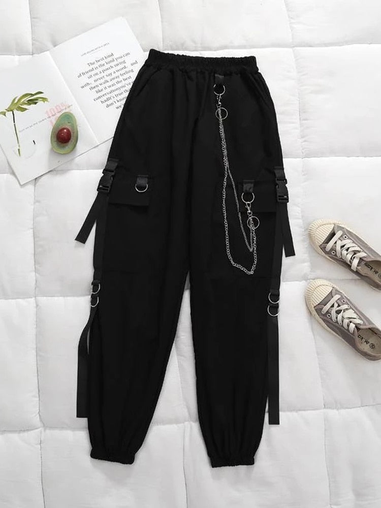 Womens HOUZHOU Gothic Black Cargo Pants Harajuku Punk Chain Trousers