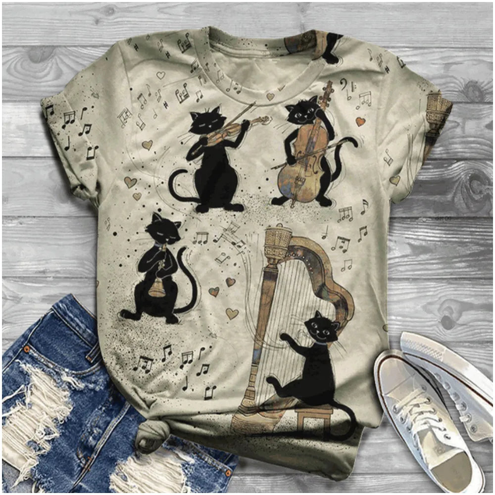 Womens Vintage Cartoon Kitten Harajuku Tee