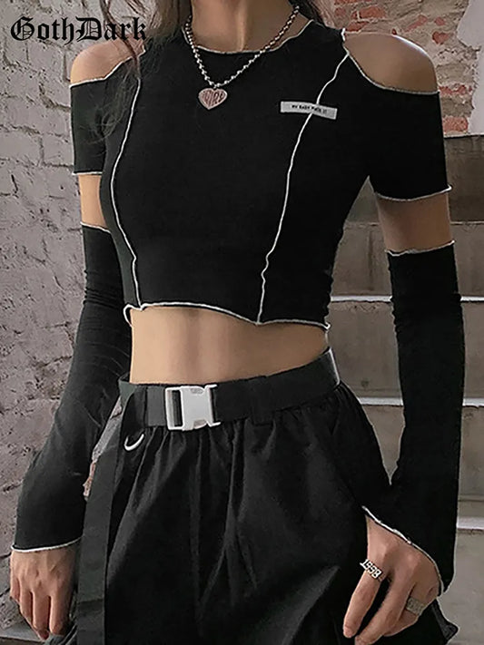 Goth Dark E-girl Style Patchwork Black T-shirt