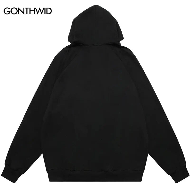 Mens Harajuku Embroidery Patch Zipper Hooded Sweatshirt